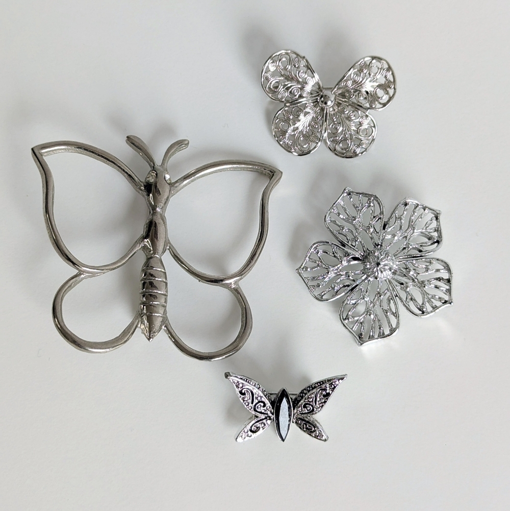 4pc Vintage Silver Tone Pin Set Signed Emmons Butterfly & Filigree Petal Bundle